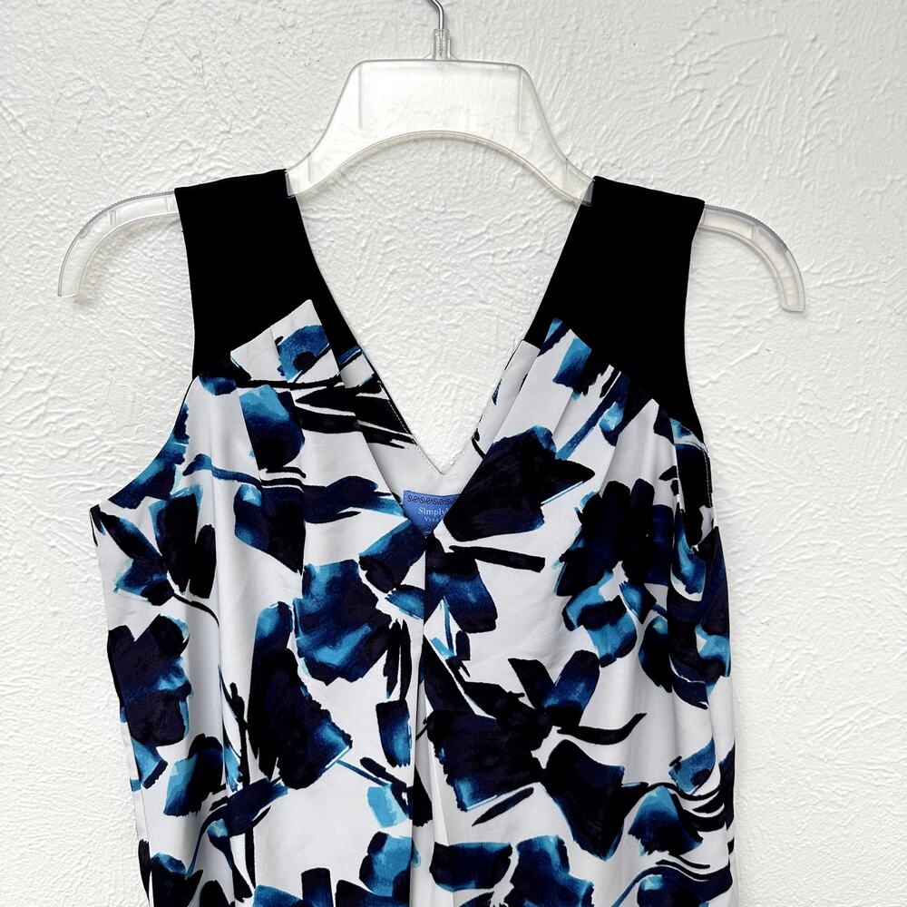 Simply Vera Wang Blue Black White Abstract Floral Shift Dress 4 Pleated V-Neck - Picture 3 of 6